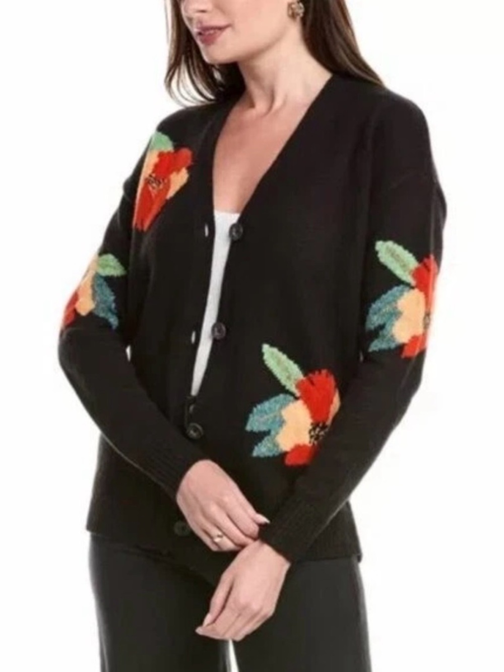 Cabi Coming Up Roses Black Floral-Accent Women's Button Cardigan Sweater Sz S